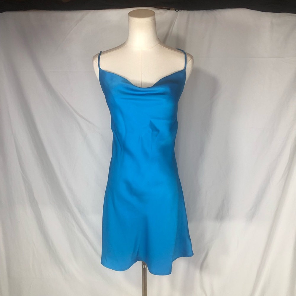 NWT Blue Satin Slip Dress - Open Corset Back Size Medium Homecoming